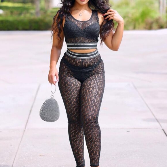 Mariel Two Piece Sheer Mesh Crop Top And Leggings Set - Black - Picture 2 of 3